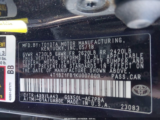 Продажа на аукционе авто 2019 Toyota Avalon Limited, vin: 4T1BZ1FB1KU007009, номер лота: 44183803