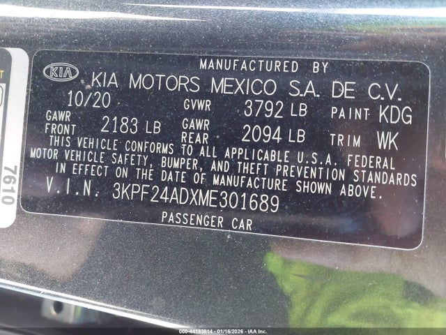 Продаж на аукціоні авто 2021 Kia Forte Lxs, vin: 3KPF24ADXME301689, номер лоту: 44183814