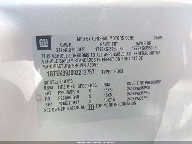 Aukcja sprzedaży 2009 Gmc Sierra 1500 Slt, vin: 1GTEK39J09Z212757, numer aukcji: 44183898