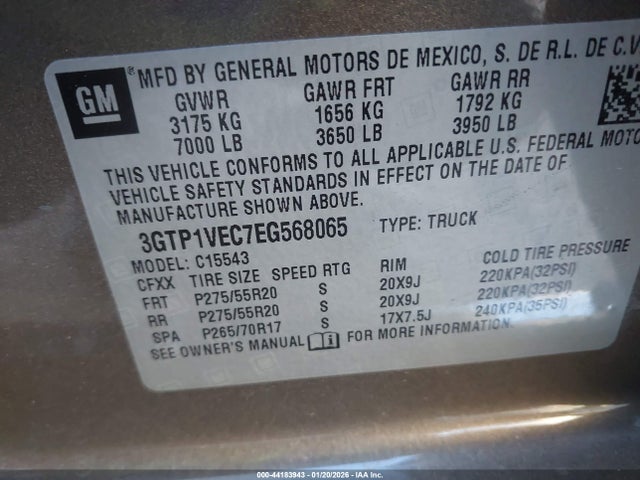 44183943 :رقم المزاد ، 3GTP1VEC7EG568065 vin ، 2014 Gmc Sierra 1500 Slt مزاد بيع