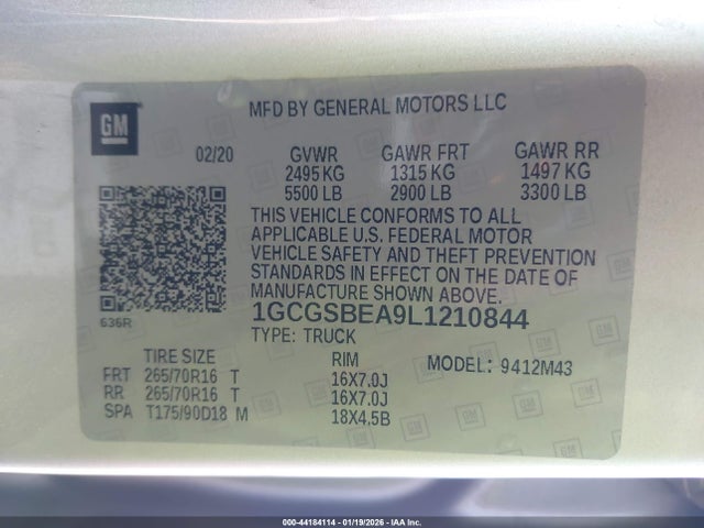 1GCGSBEA9L1210844 Chevrolet Colorado 2wd Short Box Wt