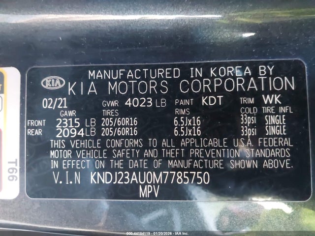 Aukcja sprzedaży 2021 Kia Soul S, vin: KNDJ23AU0M7785750, numer aukcji: 44184119
