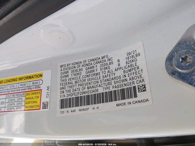 Aukcja sprzedaży 2022 Honda Civic Lx, vin: 2HGFE2F29NH533436, numer aukcji: 44184155