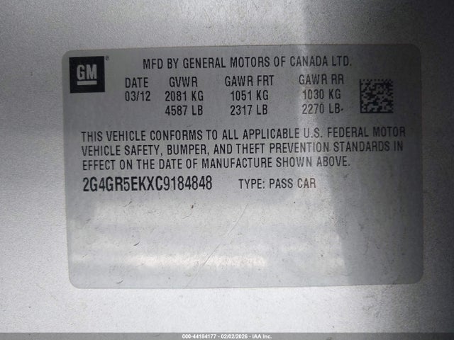Aukcja sprzedaży 2012 Buick Regal, vin: 2G4GR5EKXC9184848, numer aukcji: 44184177