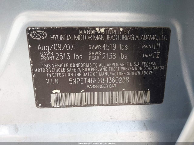 2008 Hyundai Sonata Gls V6 მანქანა იყიდება აუქციონზე, vin: 5NPET46F28H360238, აუქციონის ნომერი: 44184237
