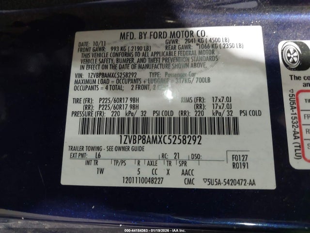 Aukcja sprzedaży 2012 Ford Mustang V6, vin: 1ZVBP8AMXC5258292, numer aukcji: 44184363