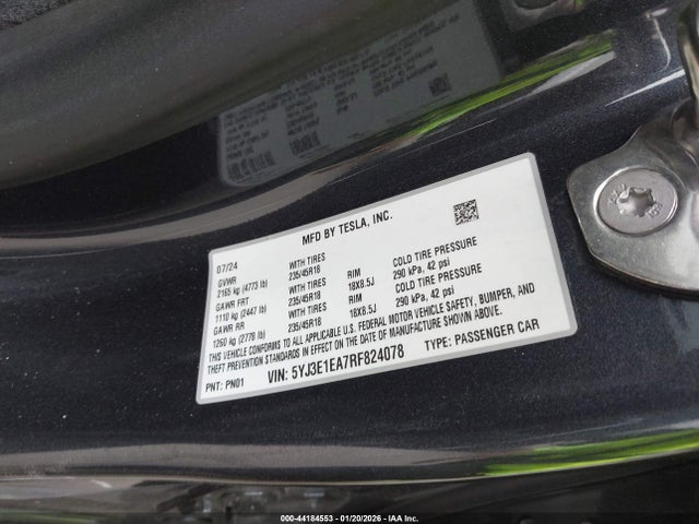 Продаж на аукціоні авто 2024 Tesla Model 3 Long Range Dual Motor All-wheel Drive/rear-wheel Drive, vin: 5YJ3E1EA7RF824078, номер лоту: 44184553