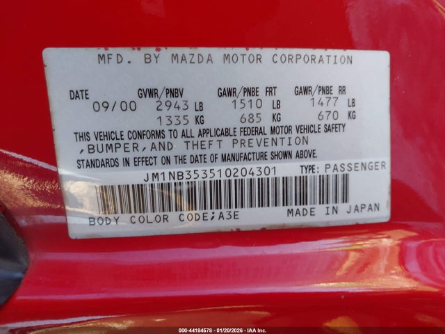 Auction sale of the 2001 Mazda Mx-5 Miata Ls/special Edition, vin: JM1NB353510204301, lot number: 44184578