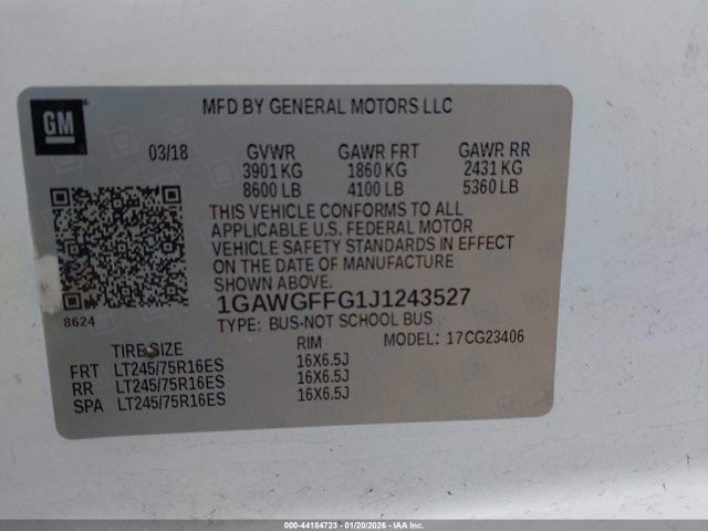 Продажа на аукционе авто 2018 Chevrolet Express 2500 Lt, vin: 1GAWGFFG1J1243527, номер лота: 44184723