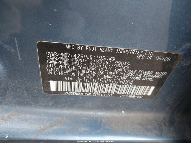 44184755 :رقم المزاد ، JF1GE61638G526864 vin ، 2008 Subaru Impreza 2.5i مزاد بيع