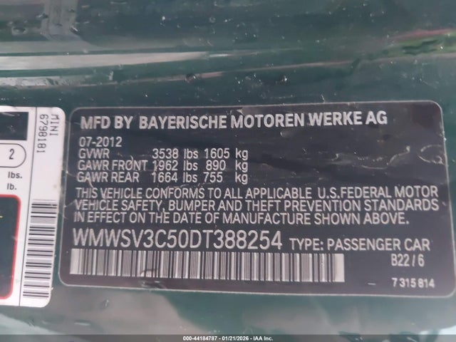 2013 MINI HARDTOP WMWSV3C50DT388254 Photo 8