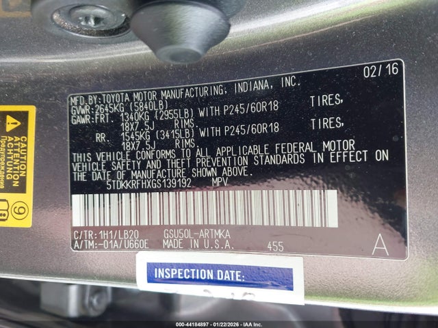 5TDKKRFHXGS139192 Toyota Highlander Xle V6