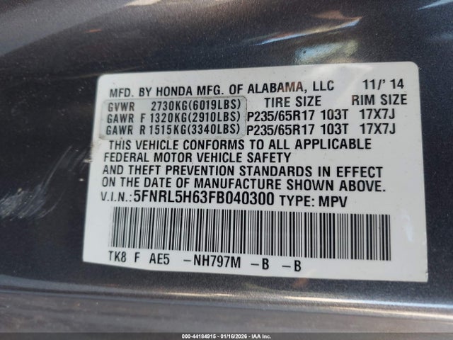 Honda Odyssey Ex-l 2015 5FNRL5H63FB040300 Image 9