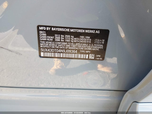 Aukcja sprzedaży 2022 Bmw X4 M40i, vin: 5UX43DT04N9J09364, numer aukcji: 44184989