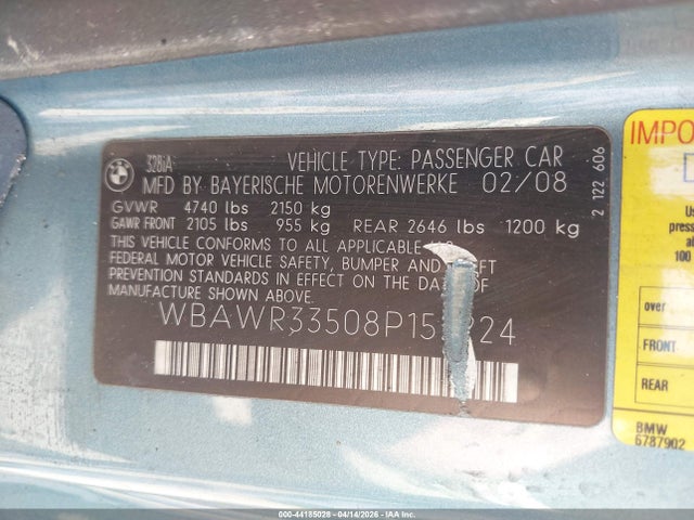 44185028 :رقم المزاد ، WBAWR33508P152224 vin ، 2008 Bmw 328i مزاد بيع