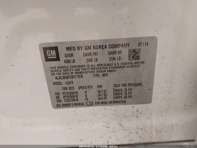 2014 Buick Encore Convenience მანქანა იყიდება აუქციონზე, vin: KL4CJBSB7EB777978, აუქციონის ნომერი: 44185143
