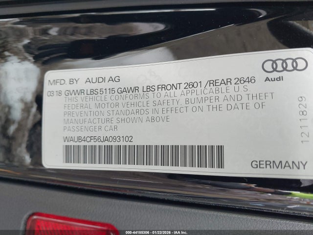 44185306 :رقم المزاد ، WAUB4CF56JA093102 vin ، 2018 Audi S5 3.0t Premium Plus مزاد بيع