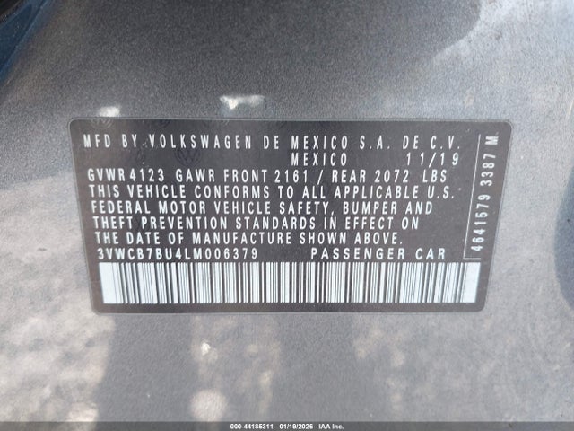 Aukcja sprzedaży 2020 Volkswagen Jetta 1.4t R-line/1.4t S/1.4t Se, vin: 3VWCB7BU4LM006379, numer aukcji: 44185311