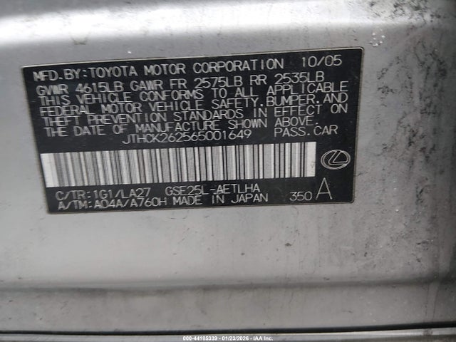 44185339 :رقم المزاد ، JTHCK262565001649 vin ، 2006 Lexus Is 250 مزاد بيع
