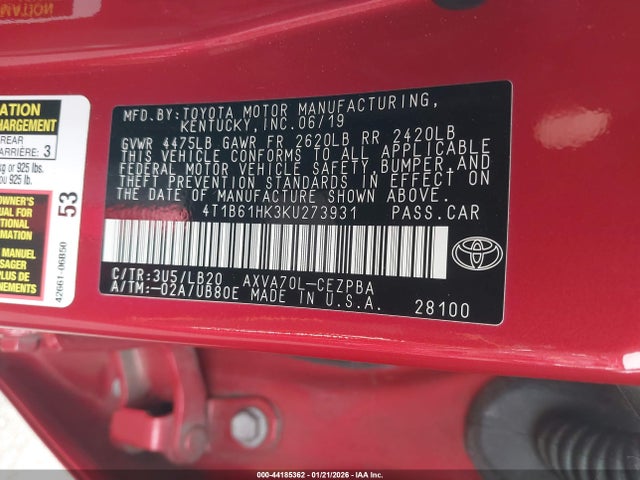 4T1B61HK3KU273931 Toyota CAMRY XSE