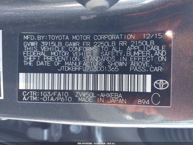 JTDKBRFU7G3001365 Toyota Prius Two