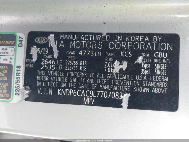 2020 Kia Sportage S მანქანა იყიდება აუქციონზე, vin: KNDP6CAC9L7707083, აუქციონის ნომერი: 44185416