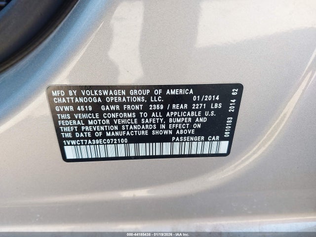 44185438 :رقم المزاد ، 1VWCT7A39EC072100 vin ، 2014 Volkswagen Passat Sel مزاد بيع