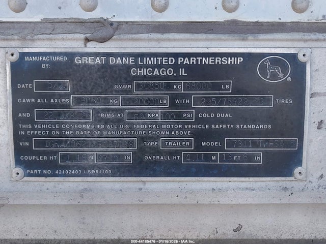 Продажа на аукционе авто 1999 Great Dane Trailers Unknown, vin: 1GRAA0621XB187036, номер лота: 44185476