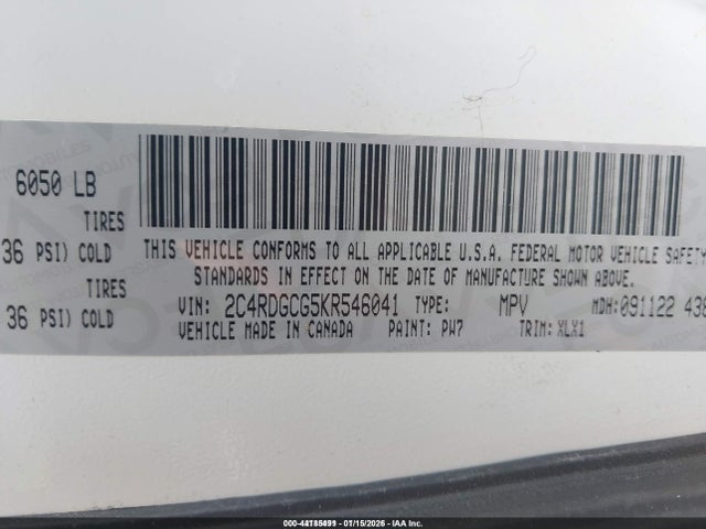Aukcja sprzedaży 2019 Dodge Grand Caravan Sxt, vin: 2C4RDGCG5KR546041, numer aukcji: 44185491