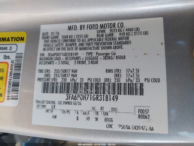 Ford FUSION SE 2016 3FA6P0H71GR318149 Image 9