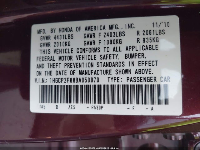 Aukcja sprzedaży 2011 Honda Accord 2.4 Ex-l, vin: 1HGCP2F88BA050970, numer aukcji: 44185576