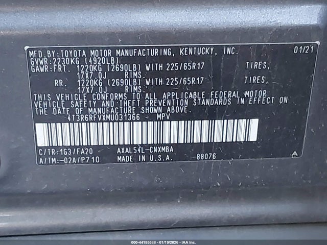 4T3R6RFVXMU031366 Toyota Rav4 Hybrid Xle