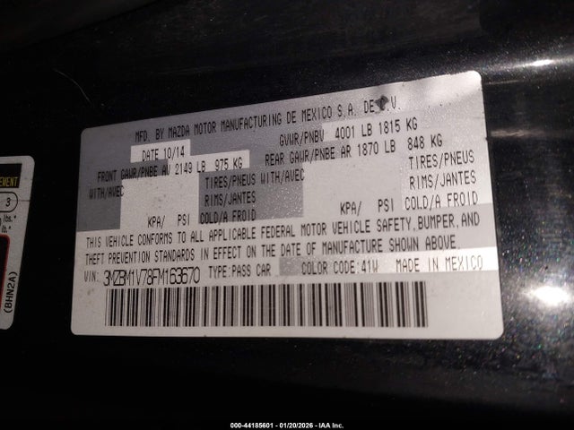 44185601 :رقم المزاد ، 3MZBM1V78FM163670 vin ، 2015 Mazda Mazda3 I Touring مزاد بيع
