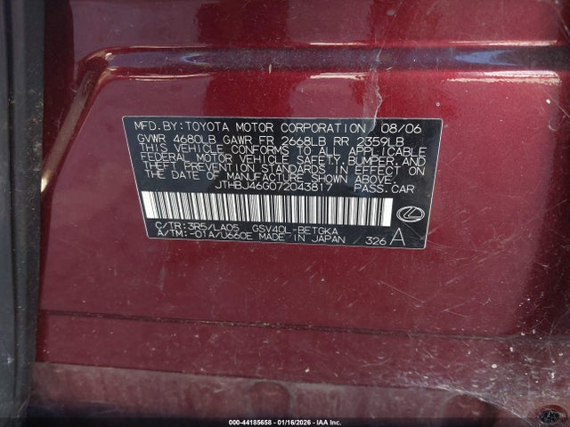 Продаж на аукціоні авто 2007 Lexus Es 350, vin: JTHBJ46G072043817, номер лоту: 44185658