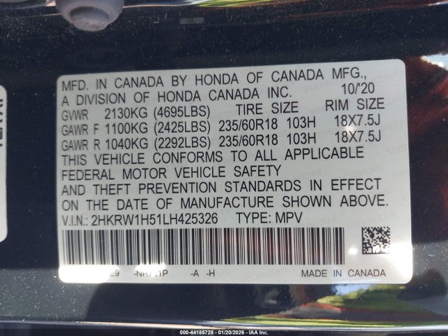 2HKRW1H51LH425326 Honda Cr-v 2wd Ex
