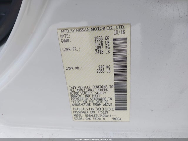 1N4BL4CV1KN303931 Nissan Altima 2.5 Sr