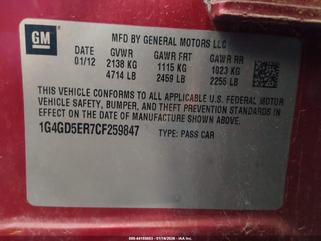 44185883 :رقم المزاد ، 1G4GD5ER7CF259847 vin ، 2012 Buick Lacrosse Premium 1 Group مزاد بيع