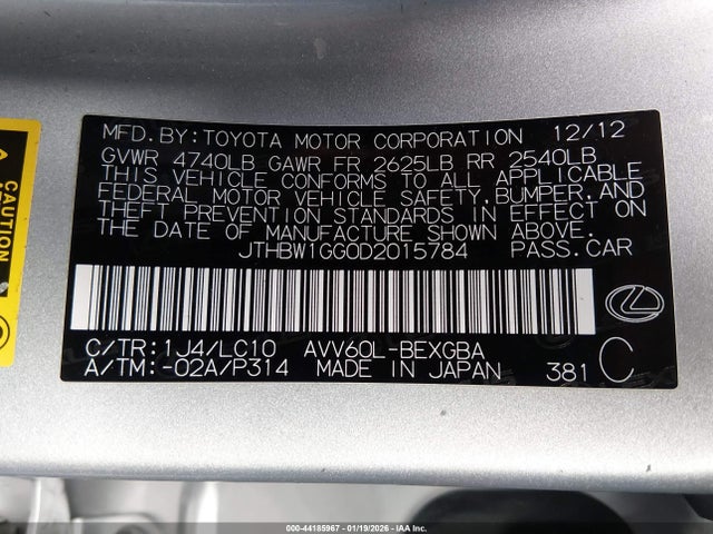 Aukcja sprzedaży 2013 Lexus Es 300h, vin: JTHBW1GG0D2015784, numer aukcji: 44185967