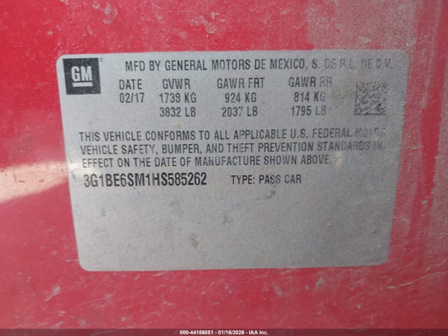 3G1BE6SM1HS585262 Chevrolet Cruze Lt Auto