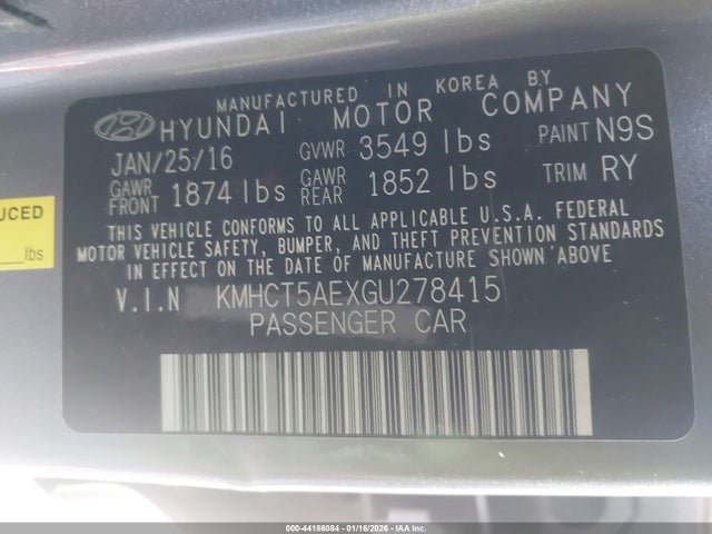 KMHCT5AEXGU278415 Hyundai ACCENT SE