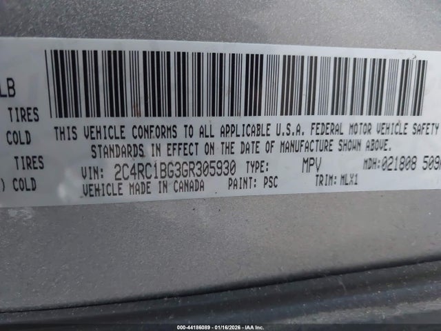 2016 Chrysler Town & Country Touring მანქანა იყიდება აუქციონზე, vin: 2C4RC1BG3GR305930, აუქციონის ნომერი: 44186089