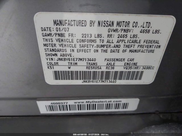 Продаж на аукціоні авто 2007 Infiniti G35 Journey, vin: JNKBV61E77M713440, номер лоту: 44186158
