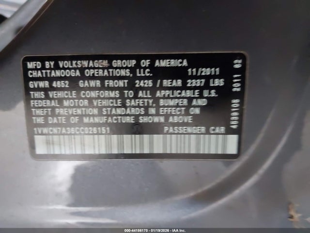 44186170 :رقم المزاد ، 1VWCN7A36CC026151 vin ، 2012 Volkswagen Passat 2.0l Tdi Sel Premium مزاد بيع