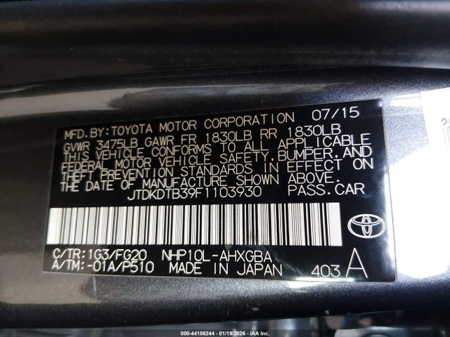 JTDKDTB39F1103930 Toyota Prius C Three