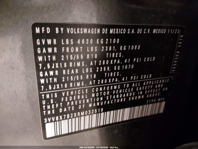 Продаж на аукціоні авто 2024 Volkswagen Taos 1.5t S, vin: 3VV8X7B2XRM032519, номер лоту: 44186298