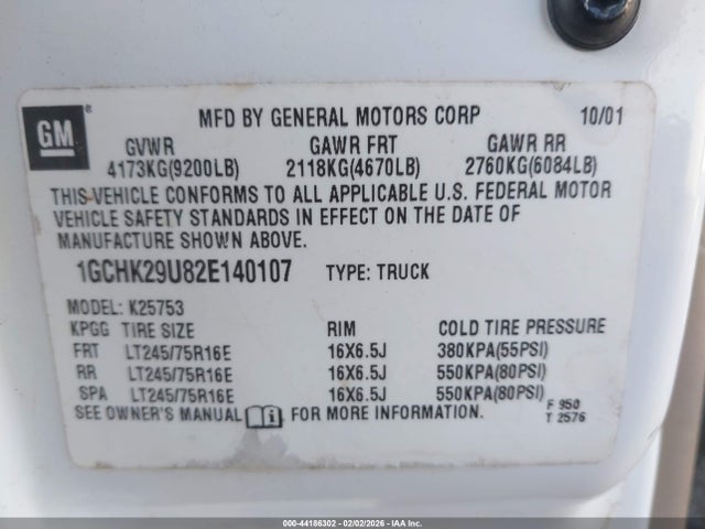 Aukcja sprzedaży 2002 Chevrolet Silverado 2500hd Ls, vin: 1GCHK29U82E140107, numer aukcji: 44186302