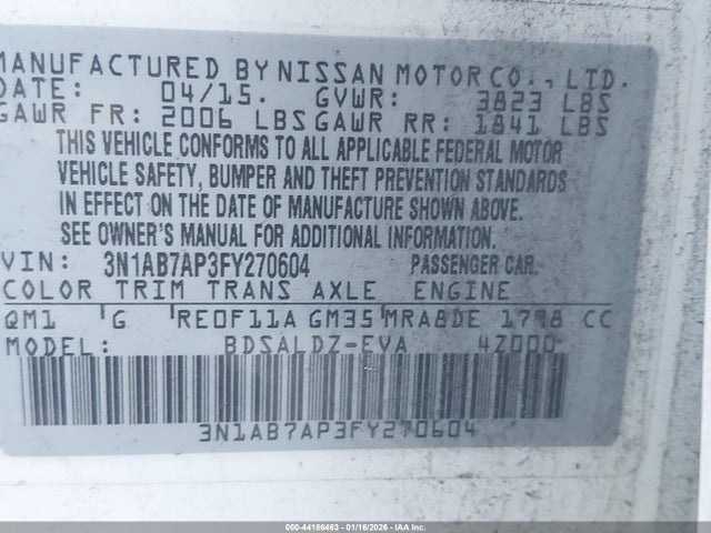 3N1AB7AP3FY270604 Nissan Sentra Fe+ S/s/sl/sr/sv