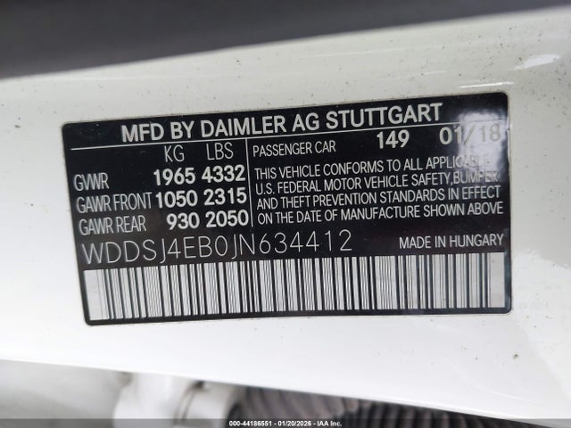 44186551 :رقم المزاد ، WDDSJ4EB0JN634412 vin ، 2018 Mercedes-benz Cla 250 مزاد بيع