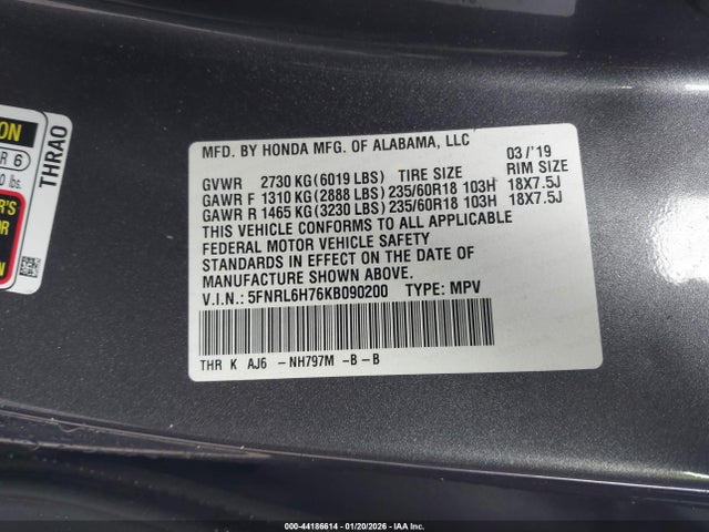 5FNRL6H76KB090200 Honda Odyssey Ex-l