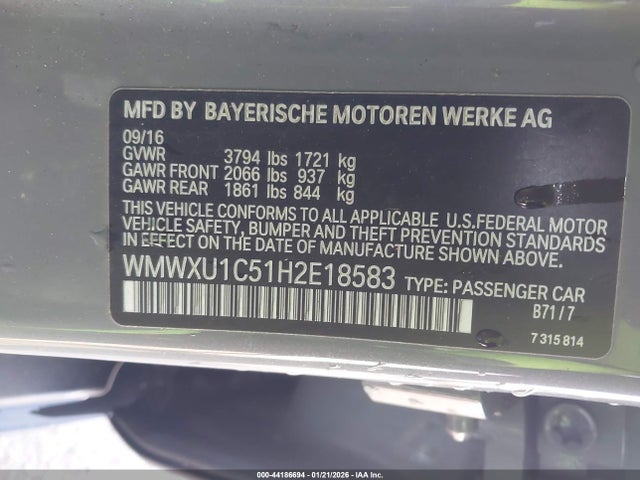 Aukcja sprzedaży 2017 Mini Hardtop Cooper, vin: WMWXU1C51H2E18583, numer aukcji: 44186694